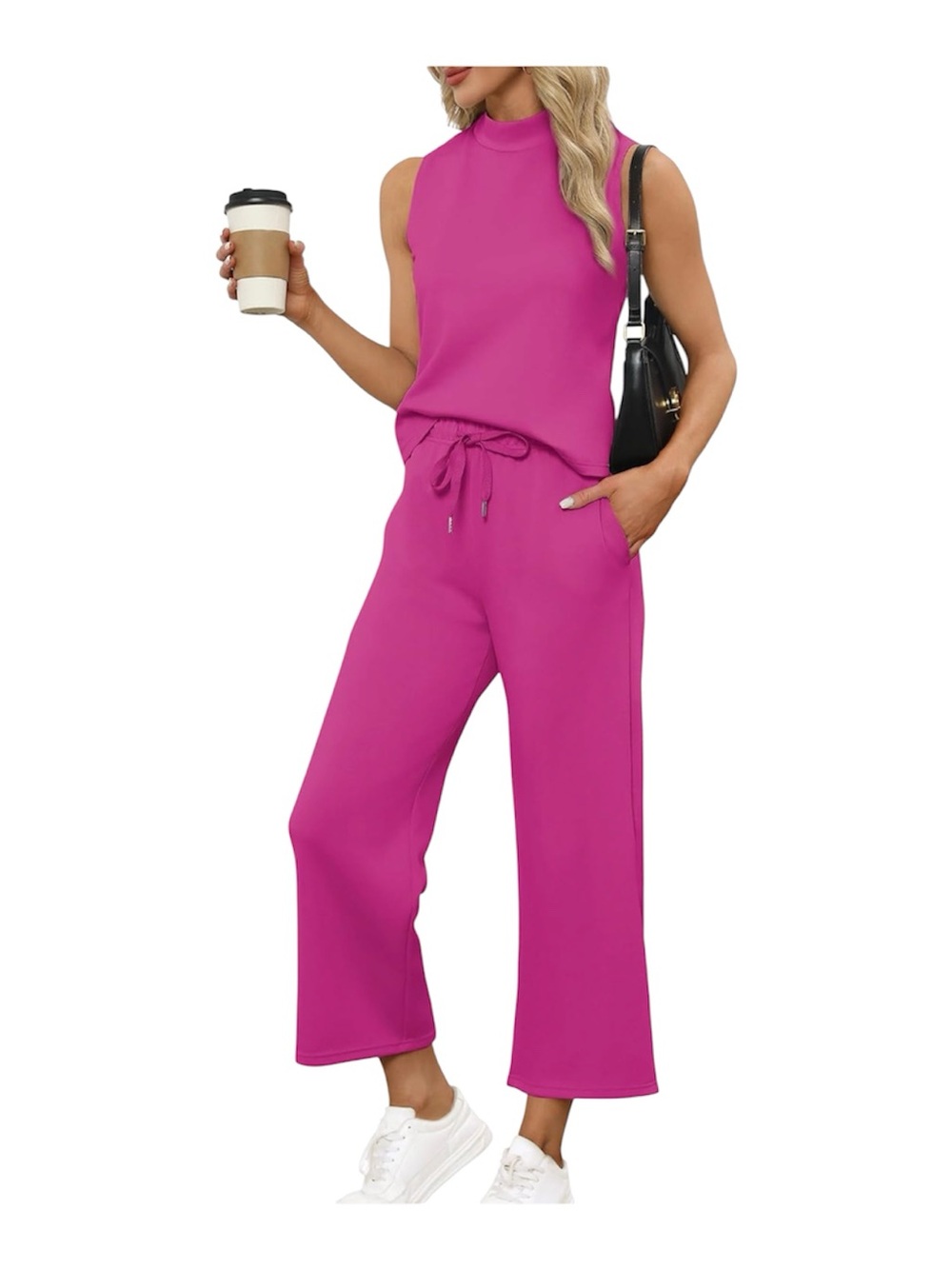 SAMPEEL Two Piece Sets for Women Mock Neck Tops Crop Pants size Medium pink